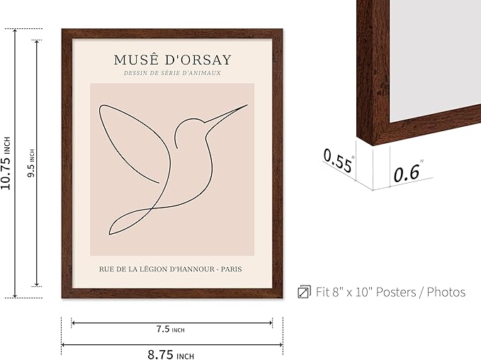 Poster Master Vintage Poster - Retro One Line Hummingbird Drawing Print - Bird Line Art - Minimal Gift for Him, Her, Animal Lover - Abstract Decor for Home, Office, 8x10 Brown Framed