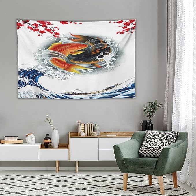 Houselerax Koi Fish Tapestry, Japanese Style Yin Yang Big Wave Cherry Blossoms Tapestries Wall Hanging for Bedroom Living Room Office Decor 60"x40"