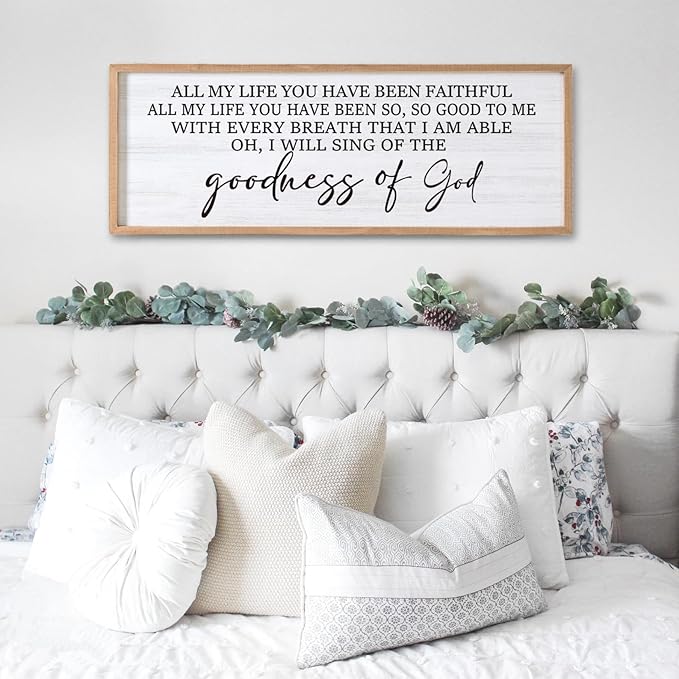Goodness of God Framed Wall Art, 40''×15'' Positive Religious Natural Bible Verse for Christian God Jesus Christ Prayer, Vintage Rustic Long Holy Catholic Scripture Decor