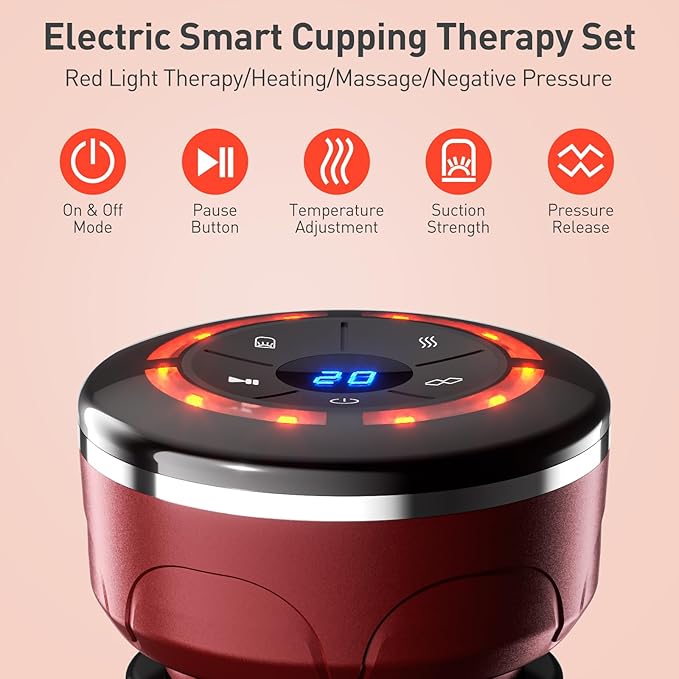 UBALANCE Cupping Kit for Massage Therapy, Cupping Therapy Set 6 Cups, Electric Smart Cupping Machine, 4 in 1 Negative Pressure Massager with 12 Modes for Fatigue Relief, Red