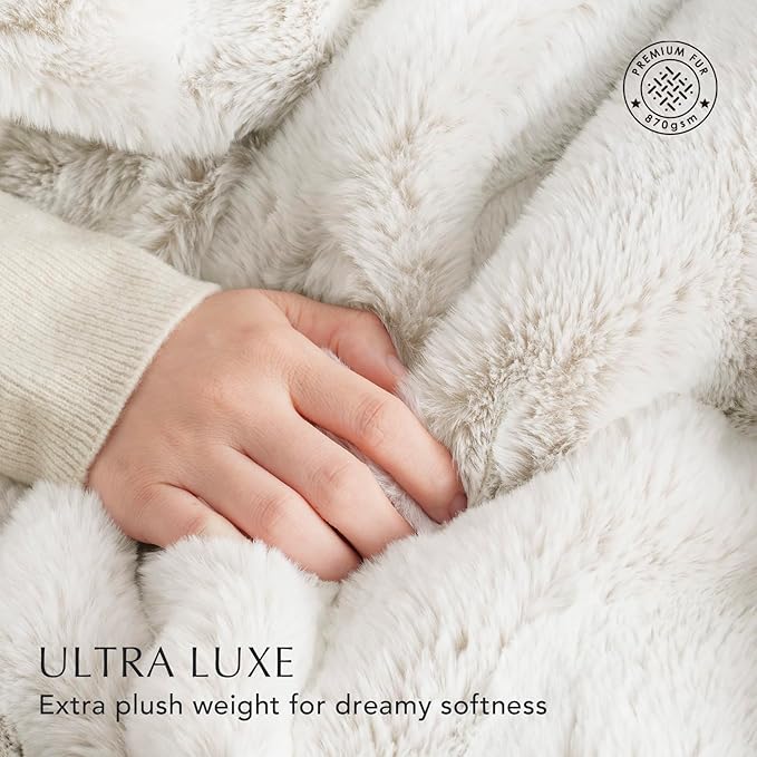 Ultra Soft Luxury Fluffy Mink Faux Fur Throw Blanket, Thick Warm Fall Winter Blankets for Bed, Couch, Cozy Plush Reversible Blanket for Chair, Sofa (Tipped Champagne Ivory, 50"x60")