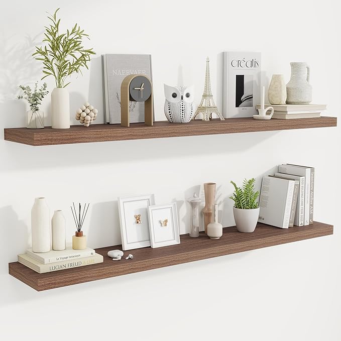 Fun Memories 55 Inch Fireplace Mantel Shelf -Long Floating Shelves, Deep Wall Mounted Farmhouse Display Shelves with Invisible Heavy Duty Metal Bracket, Walnut, 2 Pack