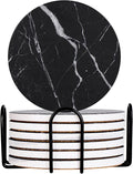 Drink Coasters with Holder Absorbent Ceramic Coasters Set of 6 Black Marble Style, 4 Inches Suitable for Kinds of Cups and Outdoor Picnic
