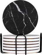 Drink Coasters with Holder Absorbent Ceramic Coasters Set of 6 Black Marble Style, 4 Inches Suitable for Kinds of Cups and Outdoor Picnic