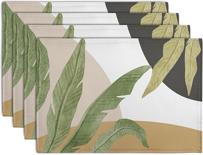 Tropical Palm Leaf Linen Placemats Set of 4 Summer Green Banana Leaves Themed Kitchen Place Mats Washable Non-Slip Heat Resistant Fabric Dining Table Placemats 12x18 Inch
