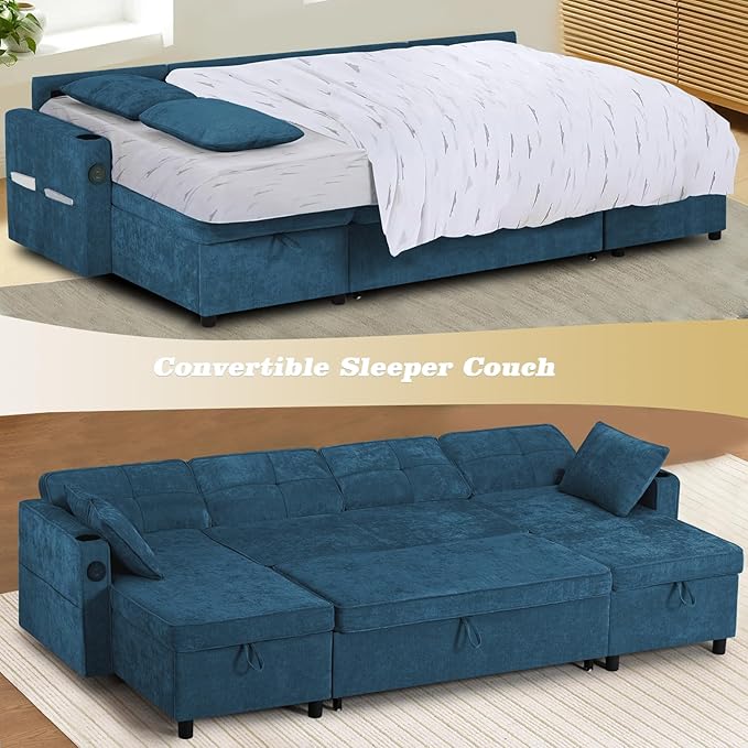 110 Inches Chenille Sectional Sofa w/Pull Out Sofa Bed & Adjustable Back, Tufted U Shaped Couch w/Two Storage Chaises, Sleeper Sectional Sofa w/USB Port & Cup Holders for Living Room, Blue