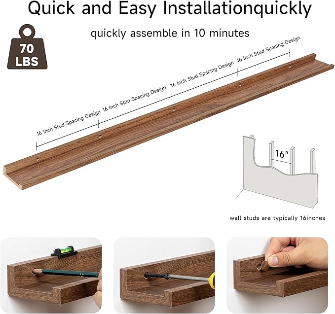 Floating Picture Ledge Shelves for Wall Set of 2, 84 Inches Picture Ledge Shelf with Long Large Nursery Book Shelf for Toys Storage Kids Bookshelf Wall Mounted Living Room Bedroom Decor Frames, Walnut