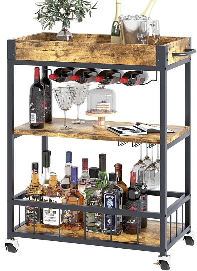 Bar Cart Serving Wine 3 Tier Home Rolling Rack with Wheels Mobile Kitchen Industrial Vintage Style Wood Metal Serving Trolley Serving Cart,Glass Holder Bar Cabinet