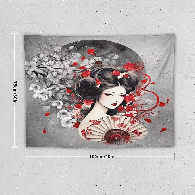 Japanese Geisha Tapestry Asian Red Cherry Blossom Red Sun Traditional Kimono Folk Tapestries Home Decor for Living Room Bedroom Apartment Farmhouse Dorm 40"x30"