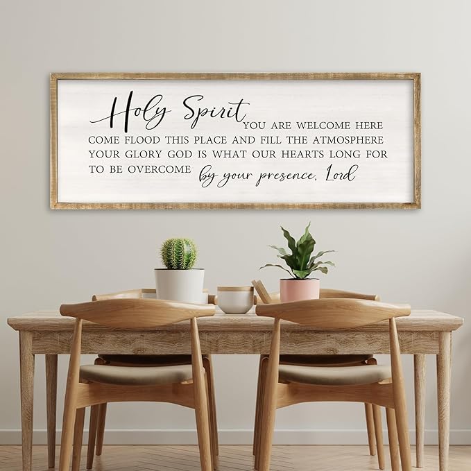 Holy Spirit You are Welcome Here Wall Decor Art 32x12 Inch Large Christian Song Bible Verse Plaque Wood Framed Sign Living Room Scripture Quote Religious For Office Wall Hanging (Wood)
