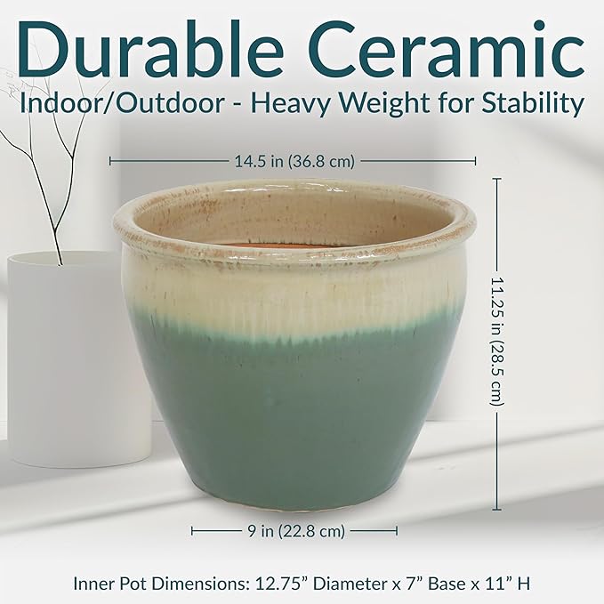 Sunnydaze Chalet Large Ceramic Plant Pot - Round Outdoor Glazed Ceramic Planter Pot with Drainage - Seafoam - 14.5"