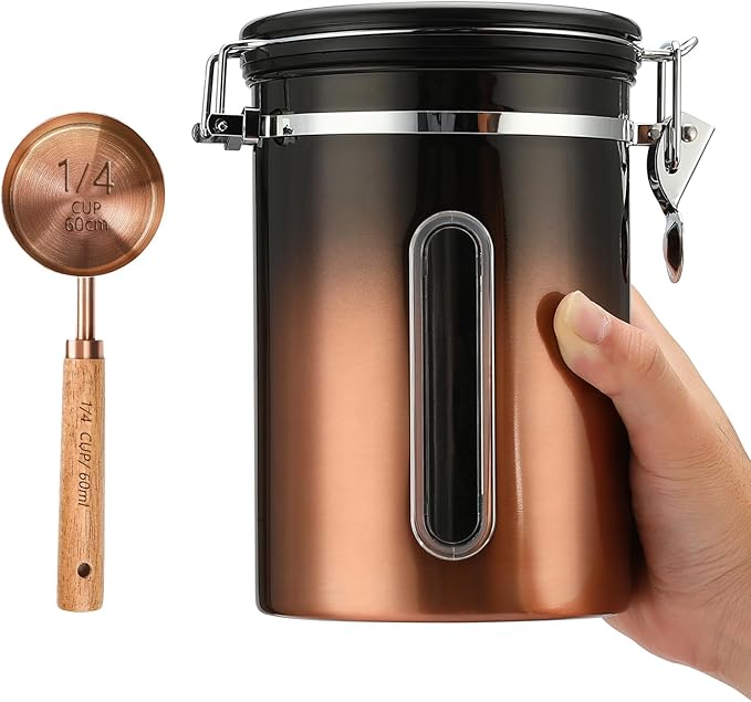 malmo Coffee Canister, Airtight Coffee Container with Date Tracker Lid, Stainless Steel Canister for Kitchen Food Storage (Black-Copper, 22oz with 1/4 Cup)