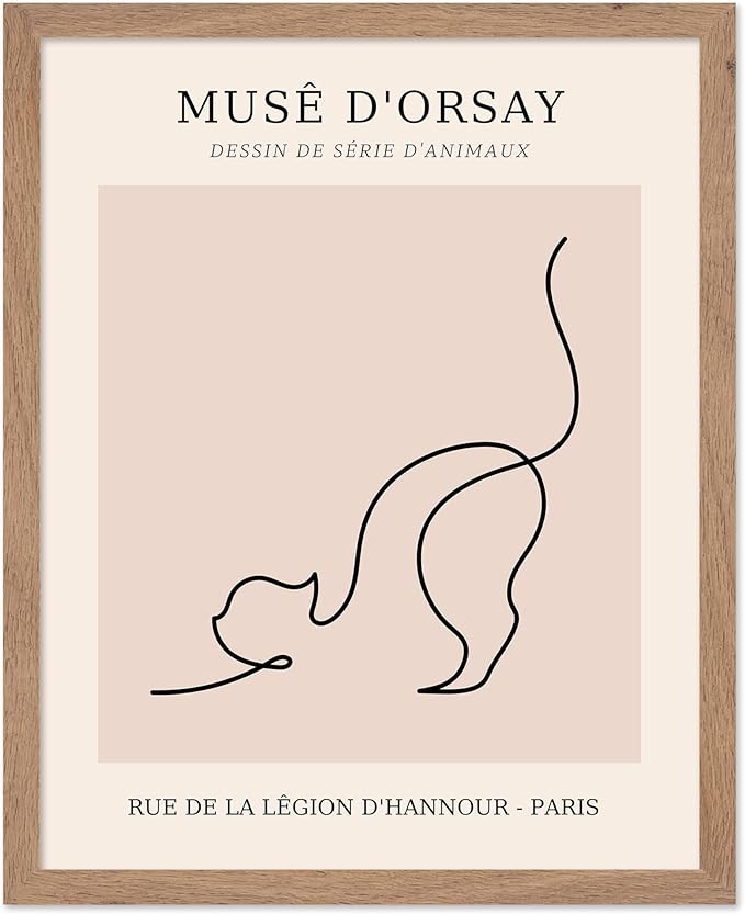 Poster Master Vintage Poster - Retro One Line Cat Drawing Print - Cat Art - Minimal Gift for Men, Women, Animal Lover - Abstract Wall Decor for Home, Office, Bedroom, 8x10 Beige Framed