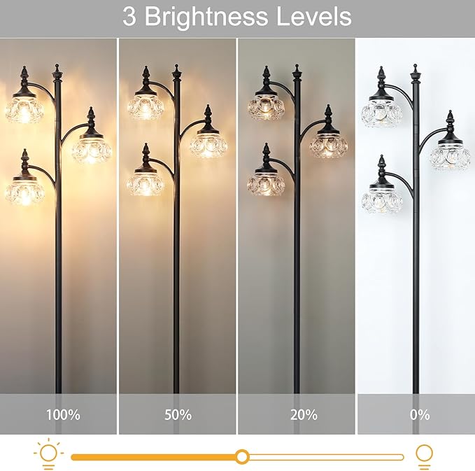 Black Floor Lamp for Living Room,Tall Standing Lamp Dimmable Tree Floor Lamps with 3 Rotatable Lights Glass Shade 66.5'' Modern Corner Lamp for Bedroom Office(3LED Bulbs Included)