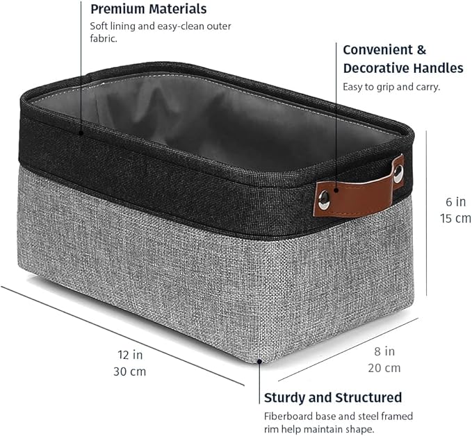 OrganiHaus Small Fabric Storage Baskets for Shelves 3 Pack, 12x8in Closet Storage Bins for Shelves, Cloth Baskets for Organizing, Linen Closet Organizers, Fabric Basket, Gray/Black