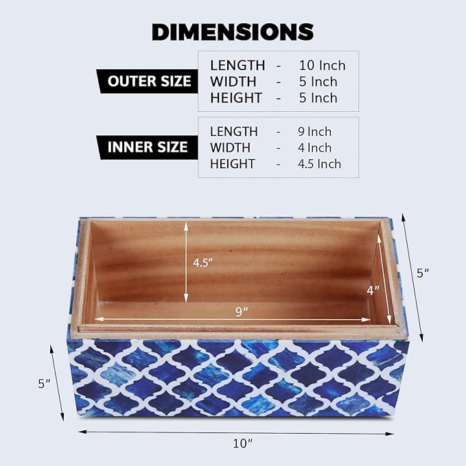 Handicrafts Home Handmade Moroccan Pattern Inspired Decorative Box - Large Storage Organizer for Neck Chains, Watches, Memory Keepsakes - Boho Style Treasure Box, Multipurpose Gift - Blue, 10x5x5