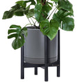 D'vine Dev Ceramic Planter with Ebony Stand - 12 Inch Modern Round Flower Pot with Wood Planter Holder, Grey, 55-B-H-3