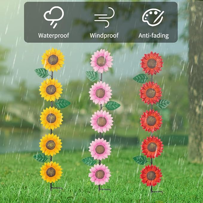 3 Pack Sunflowers Garden Stakes Decor,Metal Yard Art Decorative Garden Stakes,Metal Flowers Spring Garden Decor for Outside,Landscape,Patio(22.6 * 4.7IN)