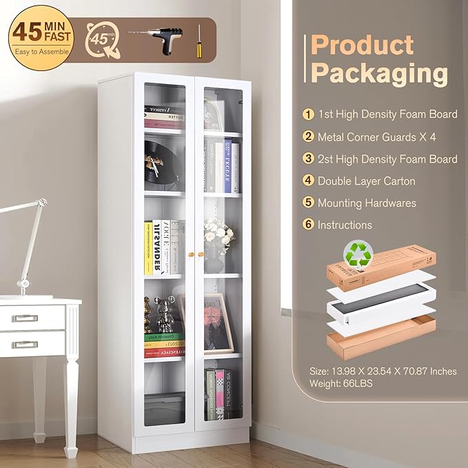 5 Tier Metal Curio Cabinets, Modern Bookshelf Cabinet with 4 Adjustable Shelves, Cabinet Display Case for Home Office, Living Room, Pantry (White-23.54W)