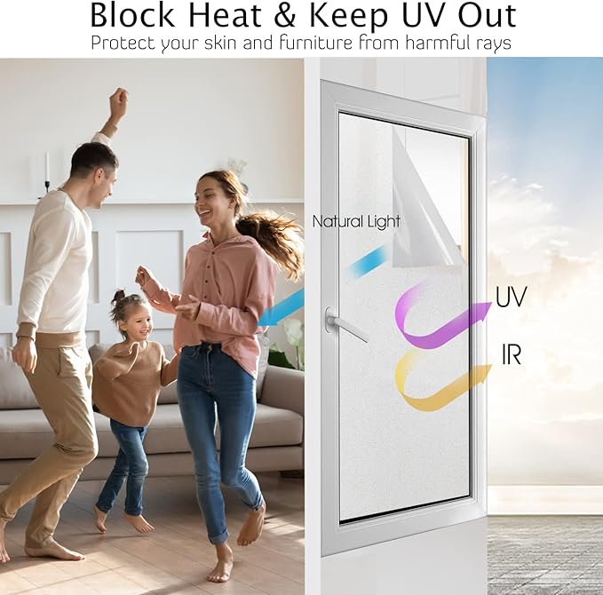 HIDBEA Frosted Window Privacy Film Heat Control UV Blocking, Static Cling Non-Adhesive Reusable Door coverings for Bathroom Home Office (Frosted 17.5 Inch x 6.5 Feet)