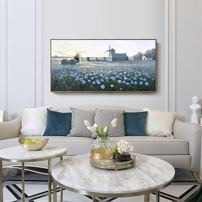 amatop Large Framed Country Landscape Wall Art – Blue Floral Canvas Art Print Vintage Rustic Farmhouse Picture Sunset Nature Artwork Wall Decor for Bedroom Dining Room Office Entryway 48x24 Inch