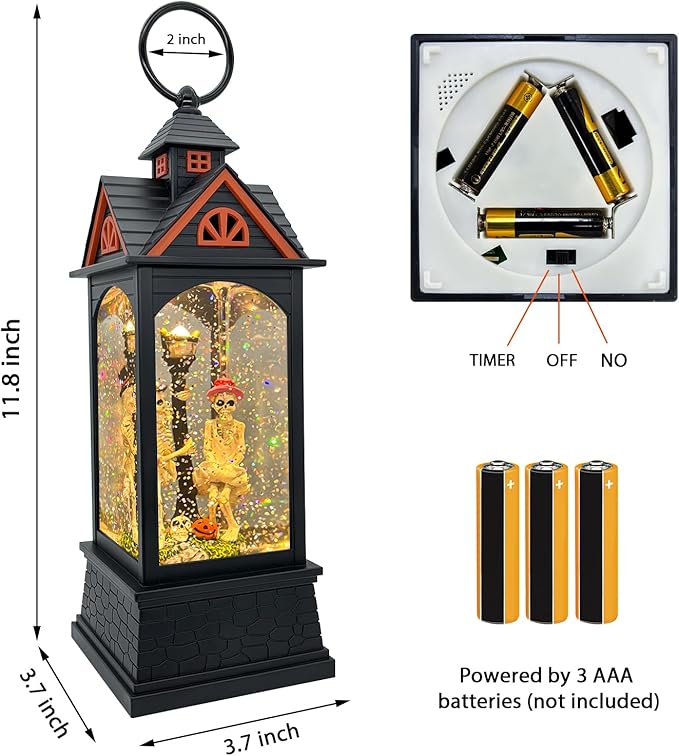 Halloween Snow Globe Lantern with 6 Hour Timer,Halloween Decorations Indoor for Home,Halloween Decor,USB or Battery Powered for Halloween Lanterns,Halloween Skeleton-A