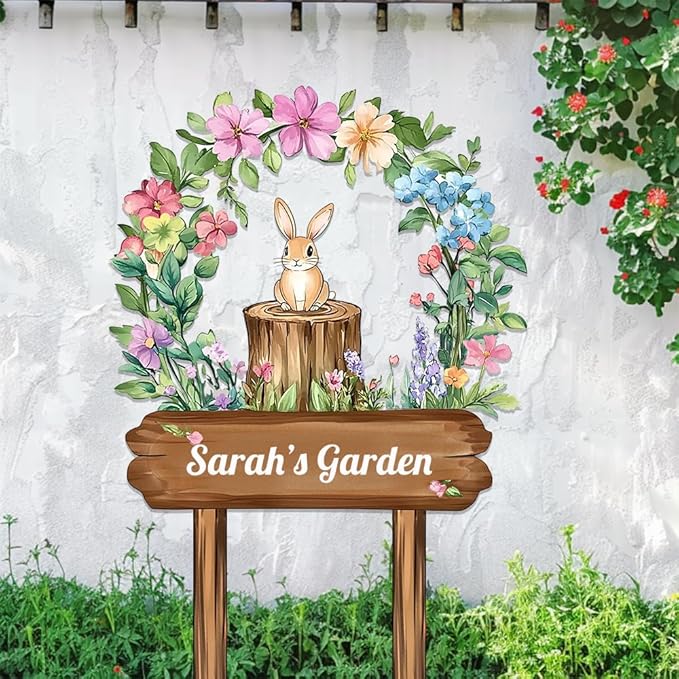 Personalized Rabbit Metal Sign with Stake,Custom Gardener Last Name Signs Outdoor Decor,Customized Flowers Gardening Birthday Gifts,Cute Animal Plaques for Patio Lawn Porch Backyard Farmhouse Outside