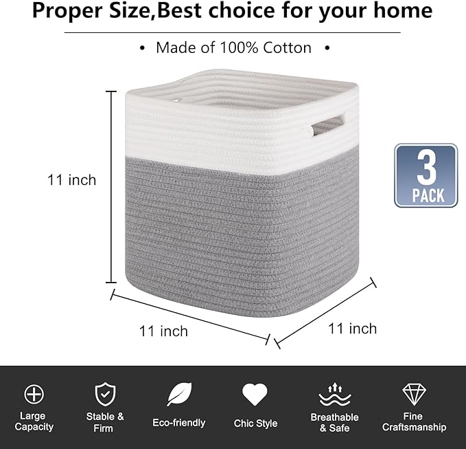 OIAHOMY Cube Storage Basket, 3-Pack Woven Cotton Rope Baskets for Storage, 11-Inch Cube Basket with Handles, Great for Shelves, Closets, Children's Toy Storage and Organization-White & Grey