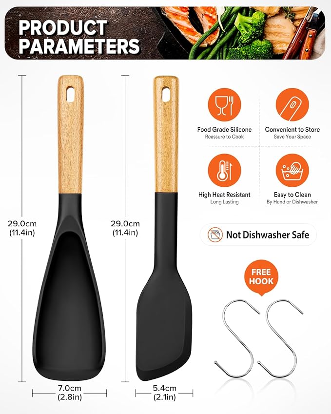 Cooking Spoon and Scraper for Nonstick Cookwares, Great for Cooking and Serving Durable BPA-Free Matte Silicone, Wood Handle Multifunction Spoon for Mixing, Scoop, and Scrape (BLACK)