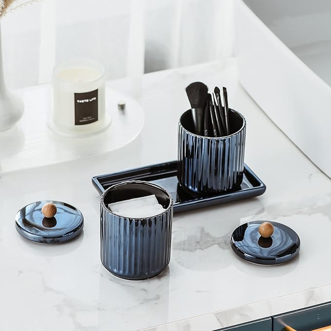 Qtip Holder Bathroom Set with Tray(3PCS) - 2 Piece 12 oz Blue Apothecary Jar Canister with Lid and 1 Pack Ceramic Vanity Tray