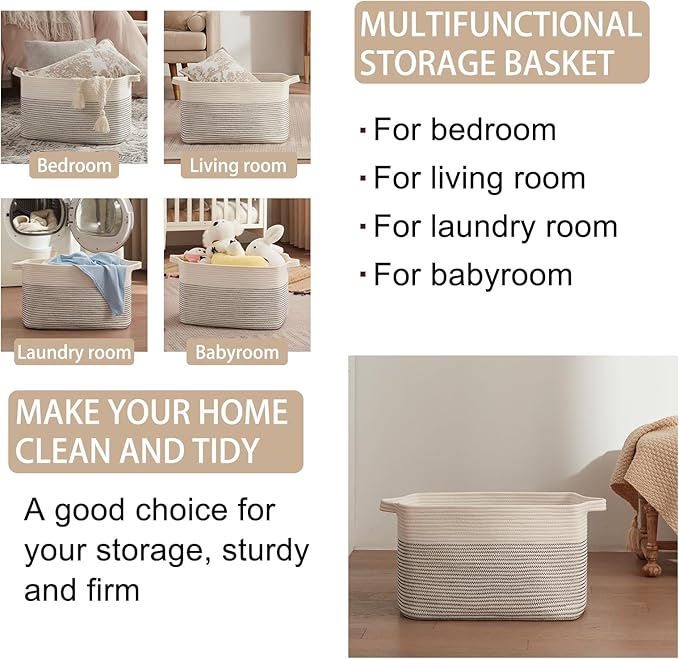 OIAHOMY 65L Blanket Basket, Cotton Rope Woven Blanket storage for Living Room, Rectangle Woven Baskets for Storage, 20''×16''×12'', Black and White