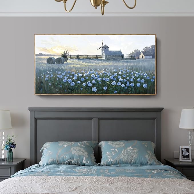 amatop Extra Large Wall Art Bedroom – Framed Country Landscape Canvas Art Blue Floral Field Windmill Print with Natural Wood Frame Rustic Wildflower Picture Home Decor for Living Room Office 58x29 Inch