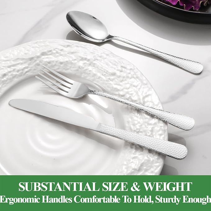 40 Pcs Silverware Set for 8 with Hammered Design, Food Grade Stainless Steel Flatware Set, Eating Utensils Sets Include Fork/Knife/Spoon, Reusable Cutlery Set, Dishwasher Safe