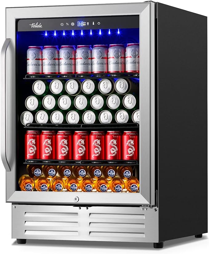 24 Inch Beverage Refrigerator Cooler,210 Cans Wide Beverage and Beer Fridge with Glass Door and Powerful Cooling Compressor, Built-in/Freestanding Drink Fridge for Kitchen, Bar or Office