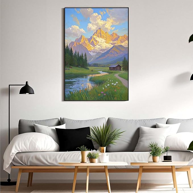 The mountain stream and lawn scenery under the sun is suitable for posting in the living room bedroom office landscape poster wall painting