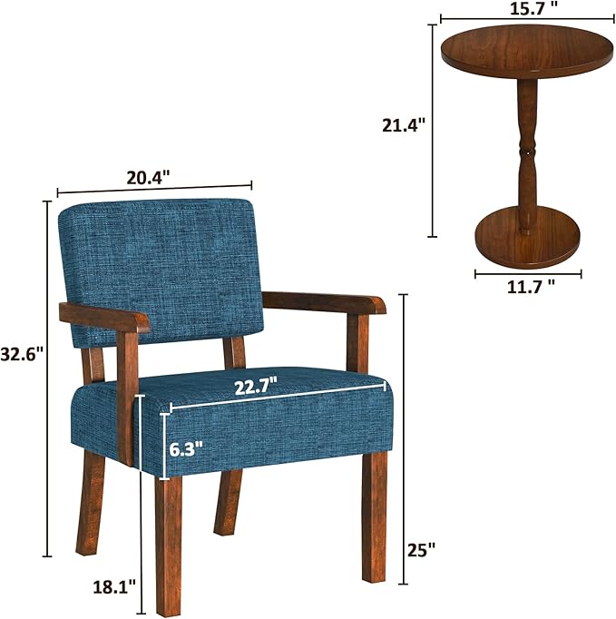 Accent Chair Set of 2 with Table, Living Room Chairs with Soft Seat and Armrests for Living Room Bedroom Reading Room Waiting Room, Lake Blue (AC01)