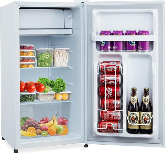 3.2 Cu.Ft Mini Fridge with Freezer, Small Refrigerator with Single Door and Adjustable Thermostat, Shelf, Energy Efficient, Compact Fridge for Bedroom, Office，white