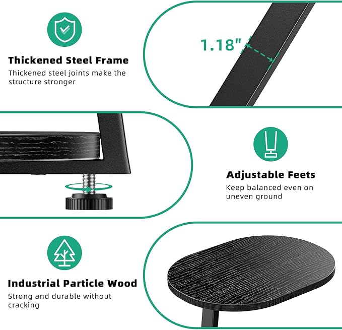 Side Table, Small End Table with Metal Frame, 3-Tier Bedside Tables, Round Side Tables for Living Room Bedroom Couch Bathroom, Oval, Pure Black