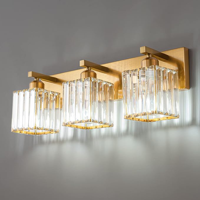 Modern Bathroom Vanity Light 3-Lights Gold Crystal Bathroom Wall Light Vanity Light Fixtures，20.47-inch Modern Minimalist Design