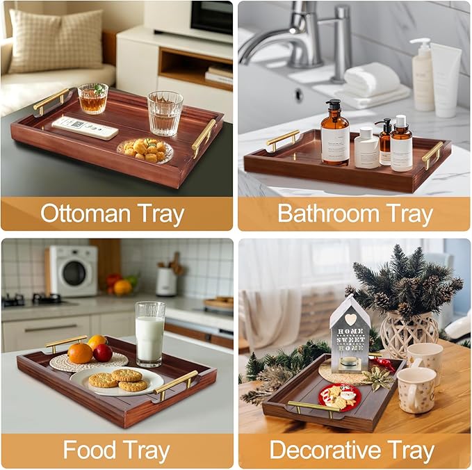 Coffee Table Tray - Large Ottoman Trays for Living Rooms - Wood Serving Tray with Handles(2 Sets) - Wooden Tray for Coffee Table, 4 Round Coasters Included, Dark Brown