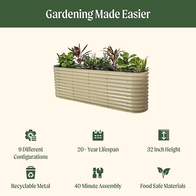 Vego Garden 32" Extra Tall Oval Metal Raised Garden Bed Kit - 9 in 1 Modular Planter Box for Vegetables, Flowers, Fruits - British Green