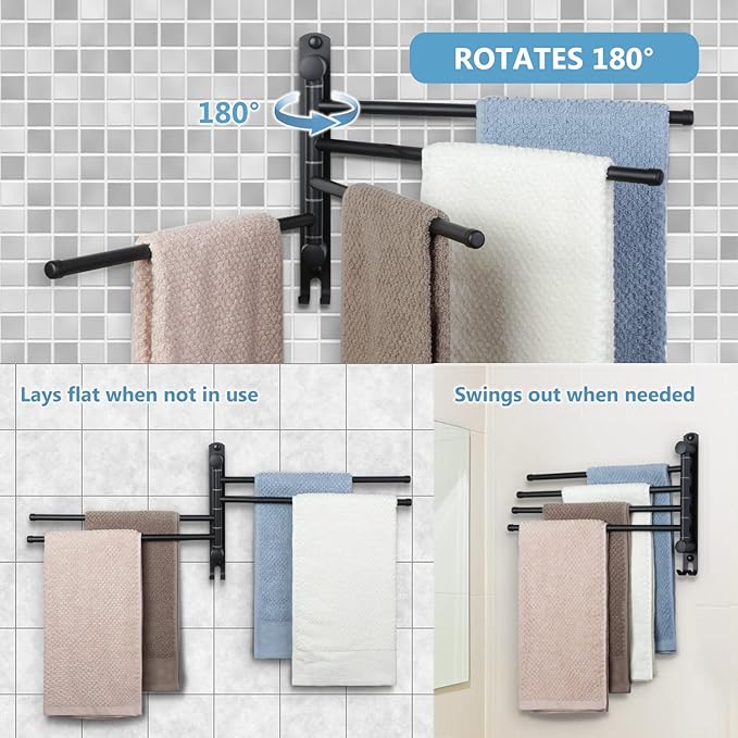 Black Towel Rack JSVER Swivel Towel Rack Wall Mounted, SUS304 Stainless Steel Towel Bar, 4 Arms Space Saving Towel Holder, Towel Racks for Bathroom