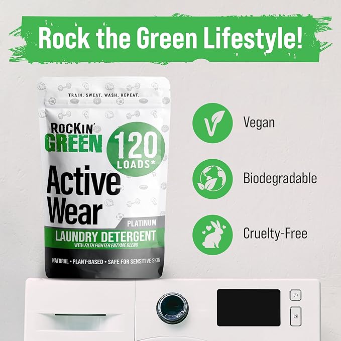 Rockin' Green Laundry Detergent, Plant based, All Natural Laundry Detergent Powder, Vegan and Biodegradable Odor Fighter, Safe for Sensitive Skin (Active Wear 120 Loads - Unscented)