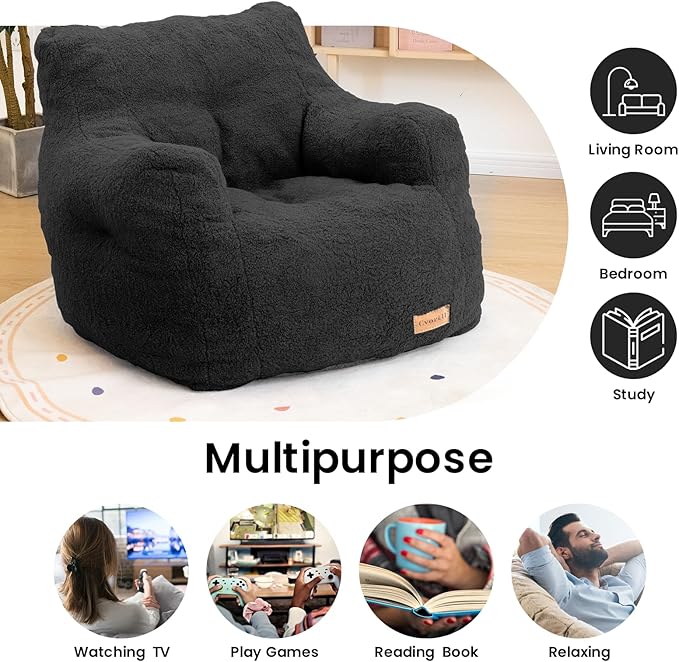 Bean Bag Chair with Filler, Bean Bag Sofa with Tufted Soft Stuffed Filling, Fluffy and Lazy Sofa, Comfy Cozy BeanBag Chairs with Memory Foam for Dorm, Apartment, Living Room (Black)