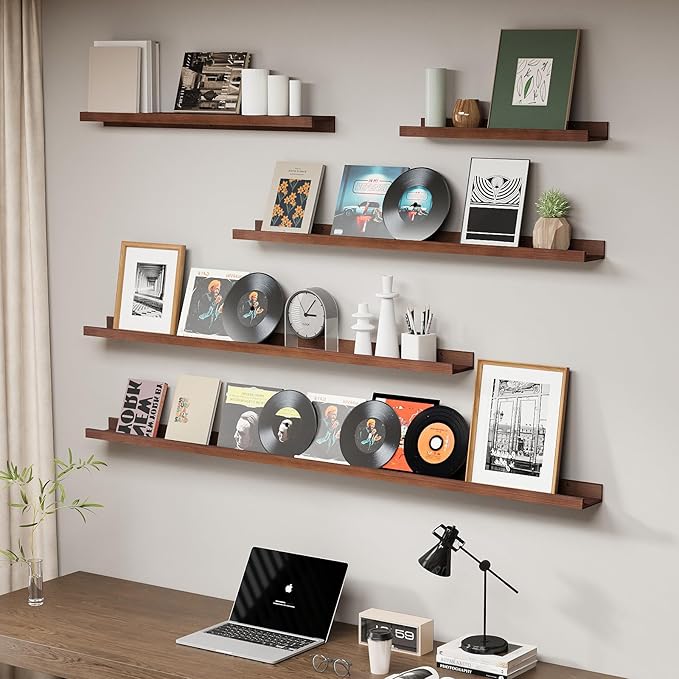SAUMONIERES Picture Ledge Shelf Floating Book Shelves Set of 2 Wall Mounted Solid Wood for Bedroom Bathroom Living Room Kitchen, 24 Inch Walnut