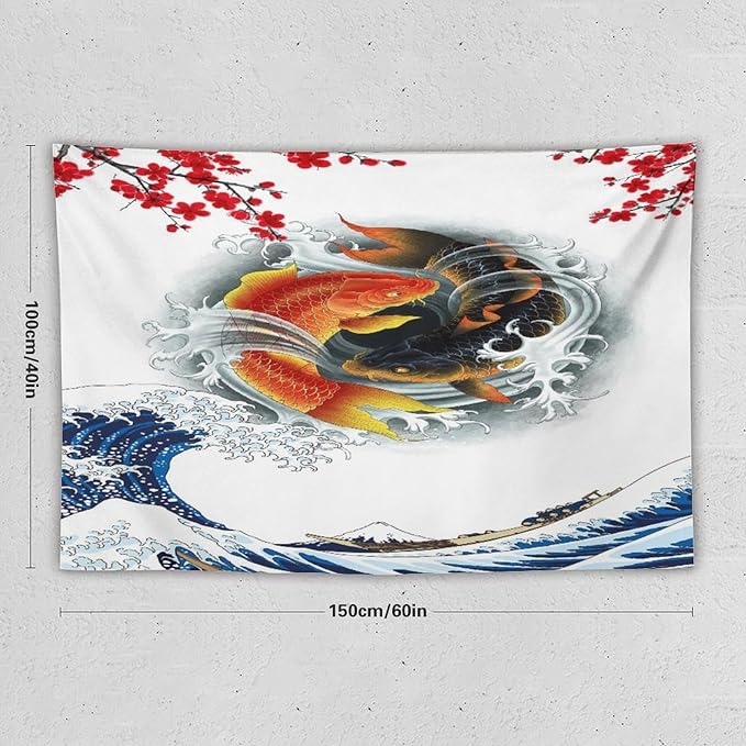 Houselerax Koi Fish Tapestry, Japanese Style Yin Yang Big Wave Cherry Blossoms Tapestries Wall Hanging for Bedroom Living Room Office Decor 60"x40"