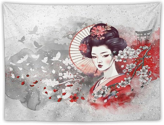 Japanese Geisha Tapestry Asian Red Cherry Blossom Traditional Kimono Folk Tapestries Home Decor for Living Room Bedroom Apartment Farmhouse Dorm 60"x40"