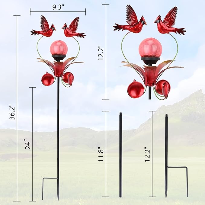 VCUTEKA Cardinal Solar Lights Outdoor Metal Garden Stake Waterproof Crackle Glass Globe Garden Decor Cardinal for Pathway, Lawn, Patio, Yard