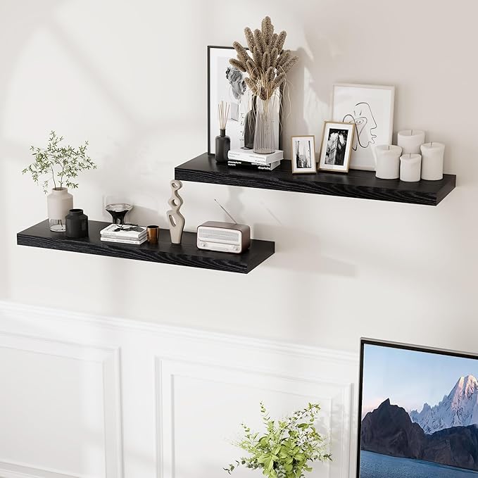 Fun Memories Black Floating Shelves 36 Inch Long, 9 Inch Deep Wall Shelves Set of 2, 36 x 9 Floating Shelf for Wall, Rustic Wood Floating Shelves for Kitchen, Living Room, Bedroom