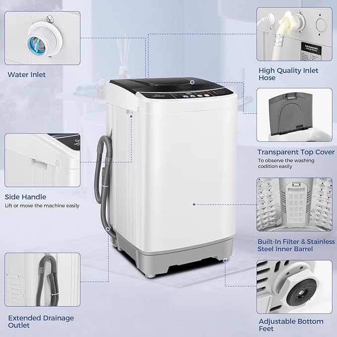 20Lbs Portable Washing Machine Nictemaw Portable Washer, 2.8 Cu.ft Washer and Dryer Combo with Drain Pump, 10 Programs 8 Water Level Compact Laundry Washer for Home, Apartment, RV, Dorms